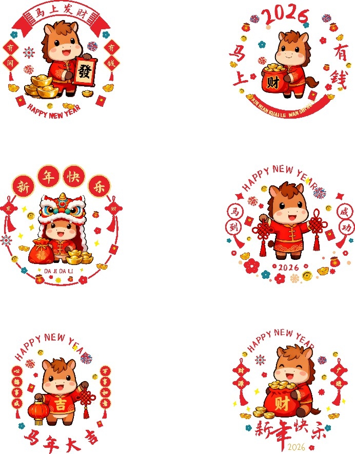 2026年马年大吉新年快乐马上发财玻璃贴窗户贴门贴