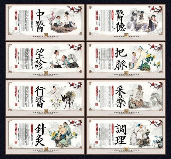 国风中医养生标语海报展板中医望诊医德把脉采药行医针灸调理