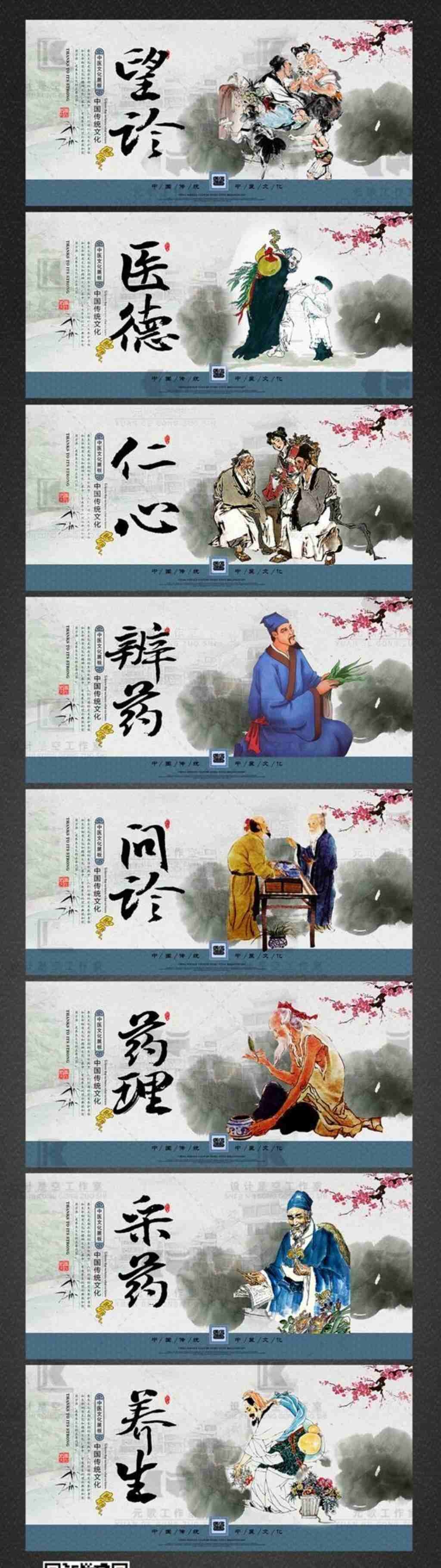 国风中医养生方法海报展板望诊医德仁心辨药问诊药理