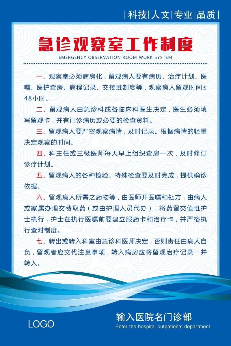 诊所医院急诊观察室工作制度牌