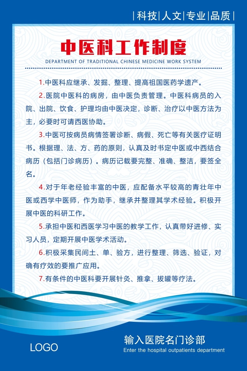 诊所医院中医科工作制度牌