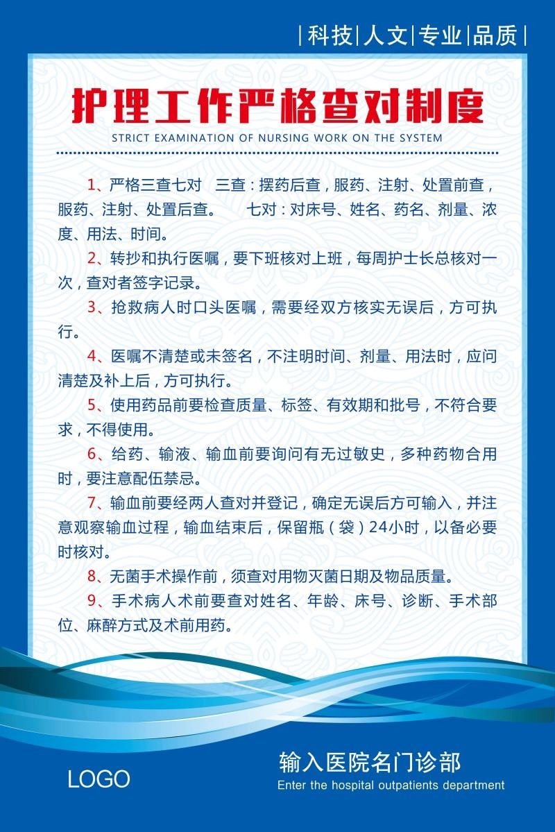 诊所医院护理工作严格查对制度牌