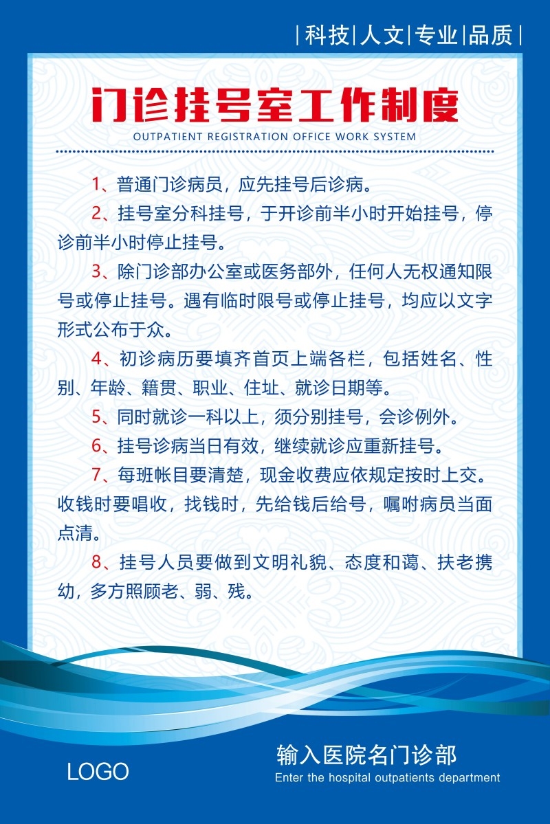 诊所医院门诊挂号室工作制度牌