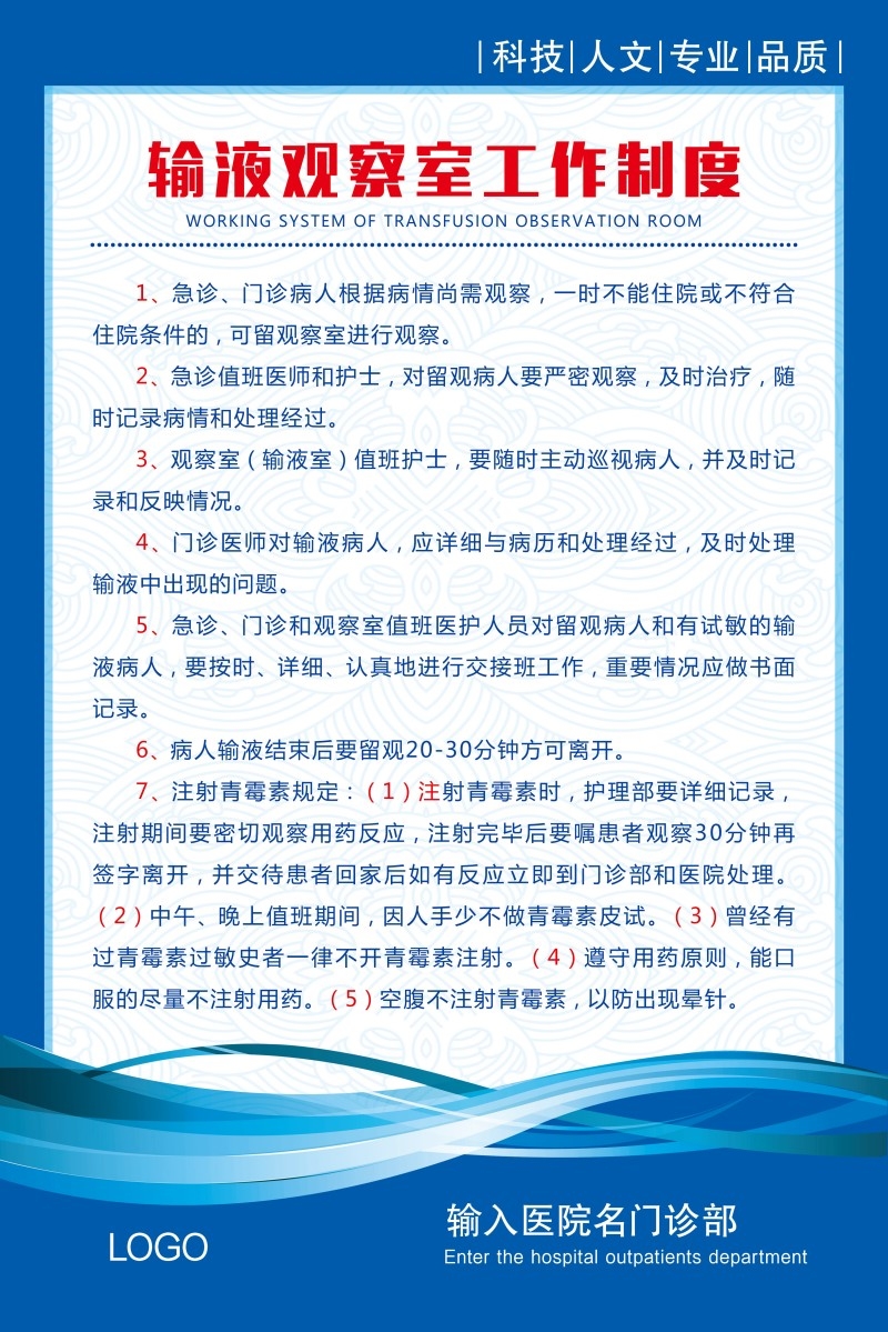 诊所医院输液观察室工作制度牌