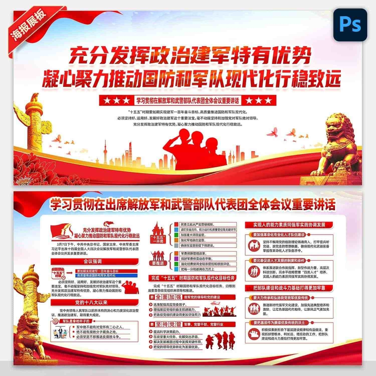 学习贯彻2026全国两会在出席解放军和武警部队代表团全体会议重要讲话展板宣传栏 (1)