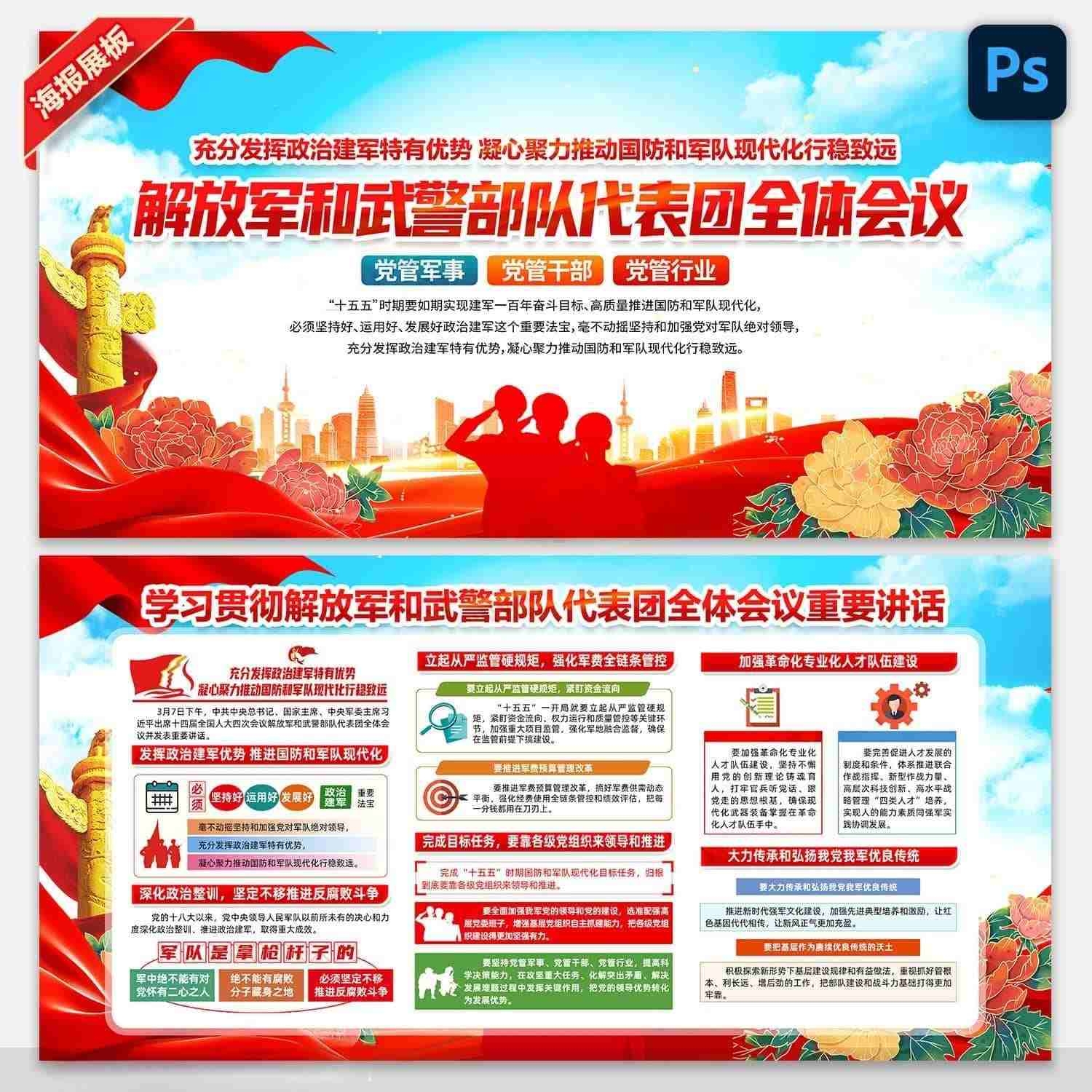 学习贯彻2026全国两会在出席解放军和武警部队代表团全体会议重要讲话展板宣传栏