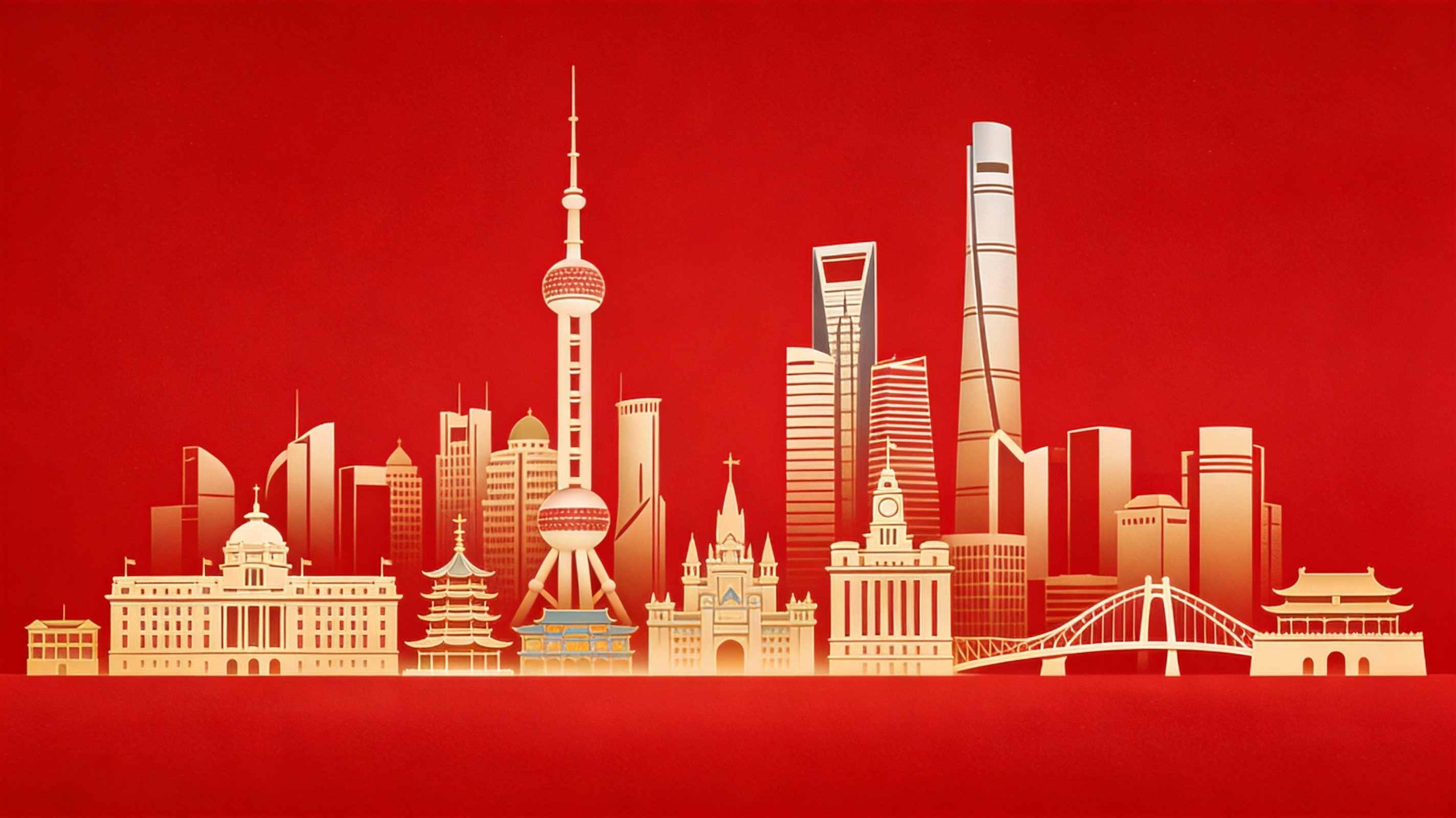 城市地标剪影庆典背景国潮风金箔上海城市建