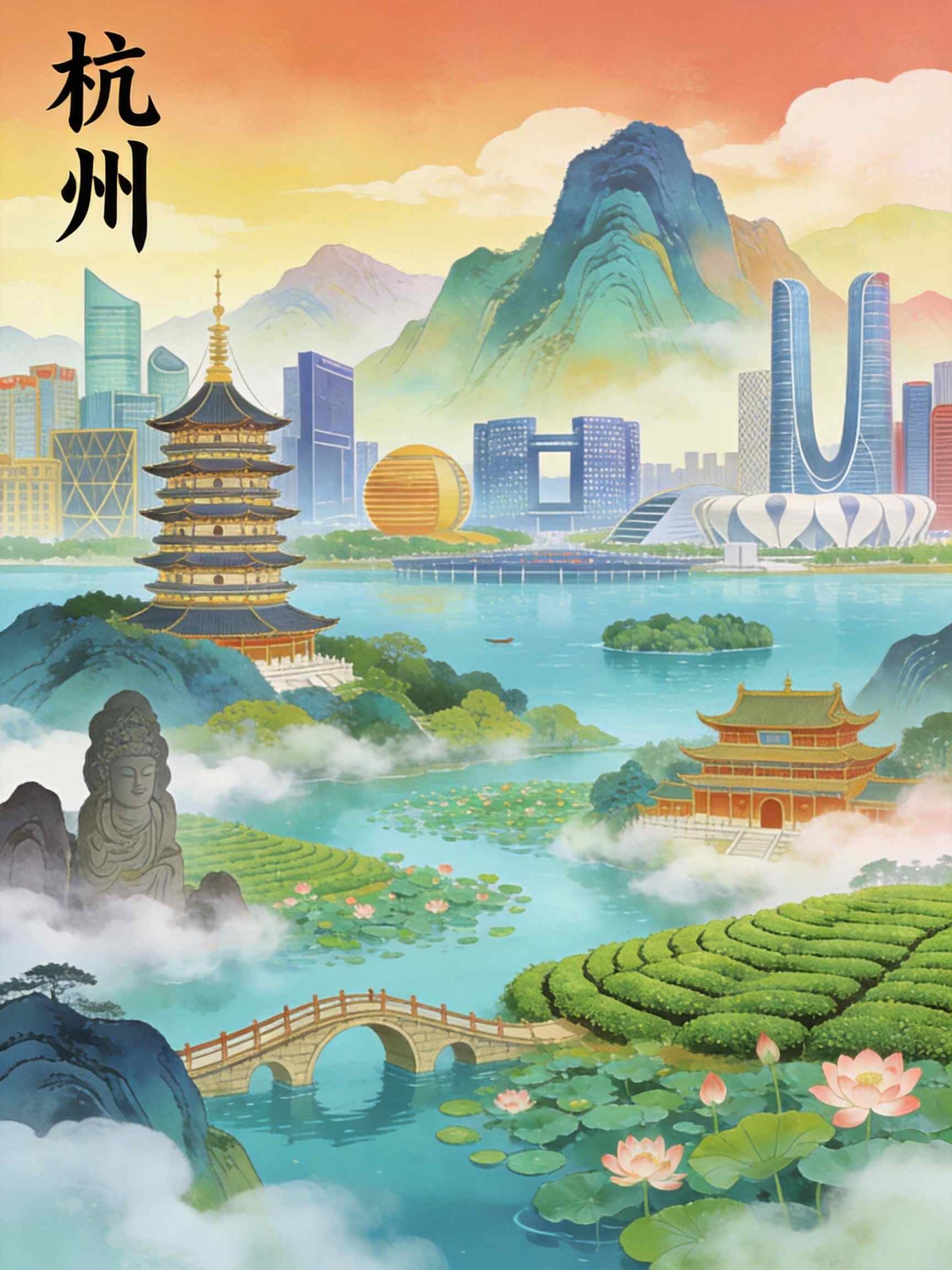 城市地标国潮风格手绘图中国风水墨风杭州山水城市插画素材