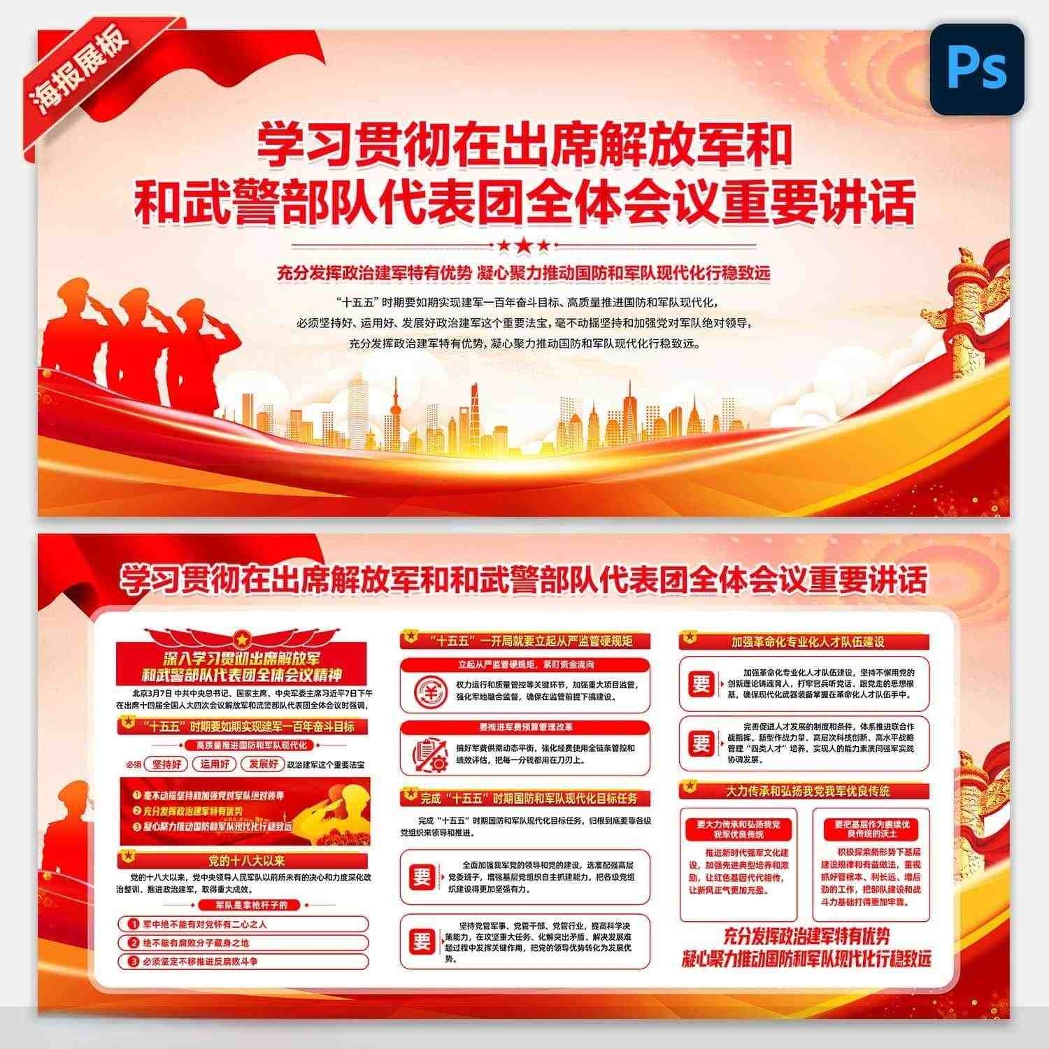 学习贯彻2026全国两会在出席解放军和武警部队代表团全体会议重要讲话展板宣传栏