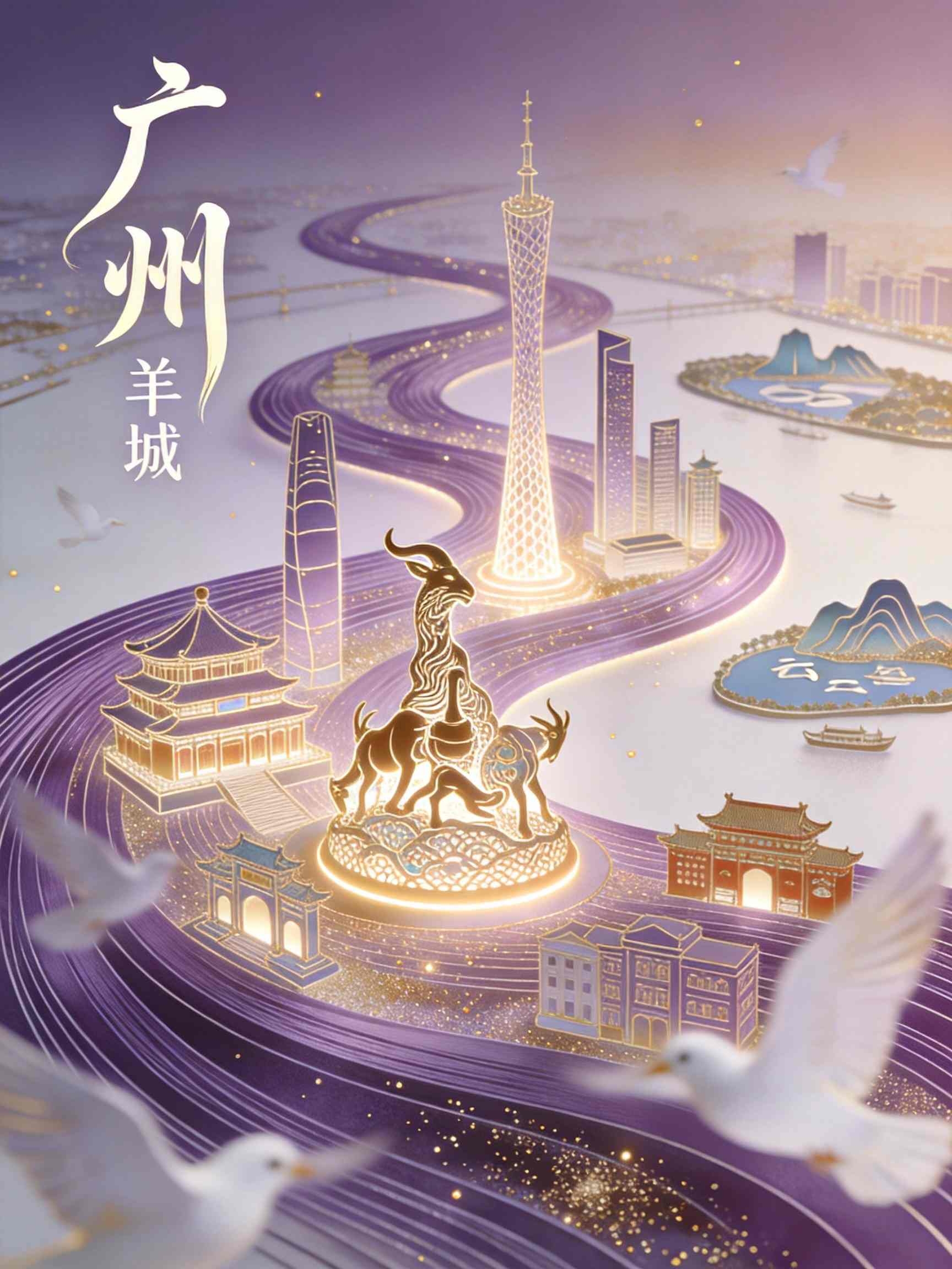 城市地标剪纸风插画设计中国风广州城市地标