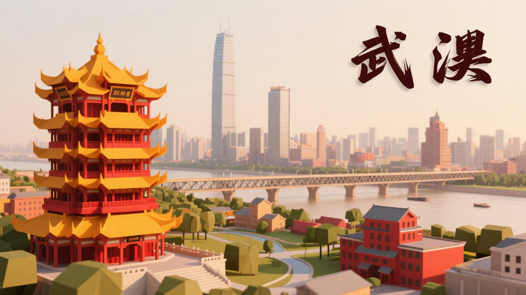 3D渲染武汉地标建筑城市场景插画素材