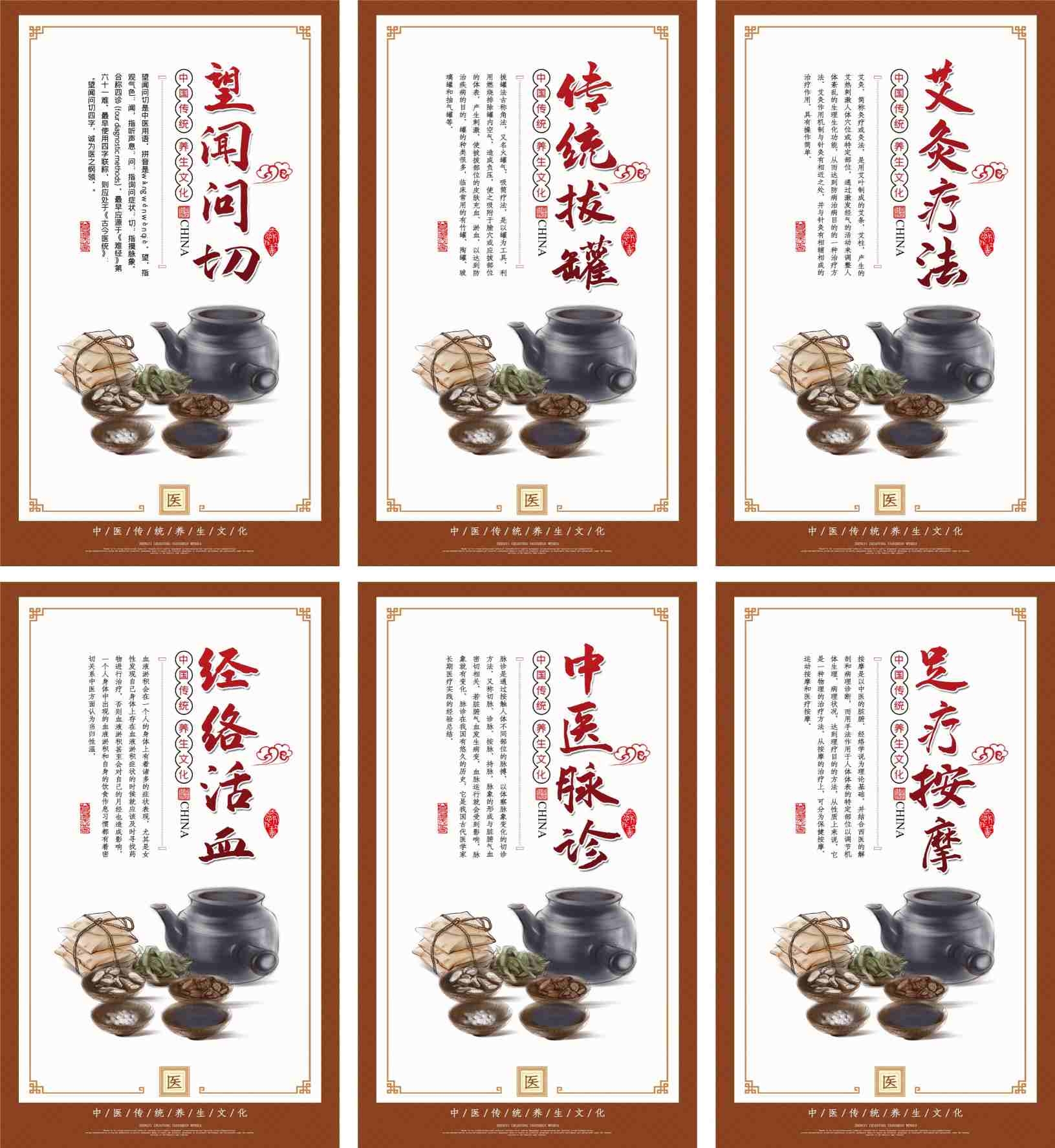 中医养生标语海报望闻问切传统拔罐艾灸疗法经络活血中医脉诊足疗按摩
