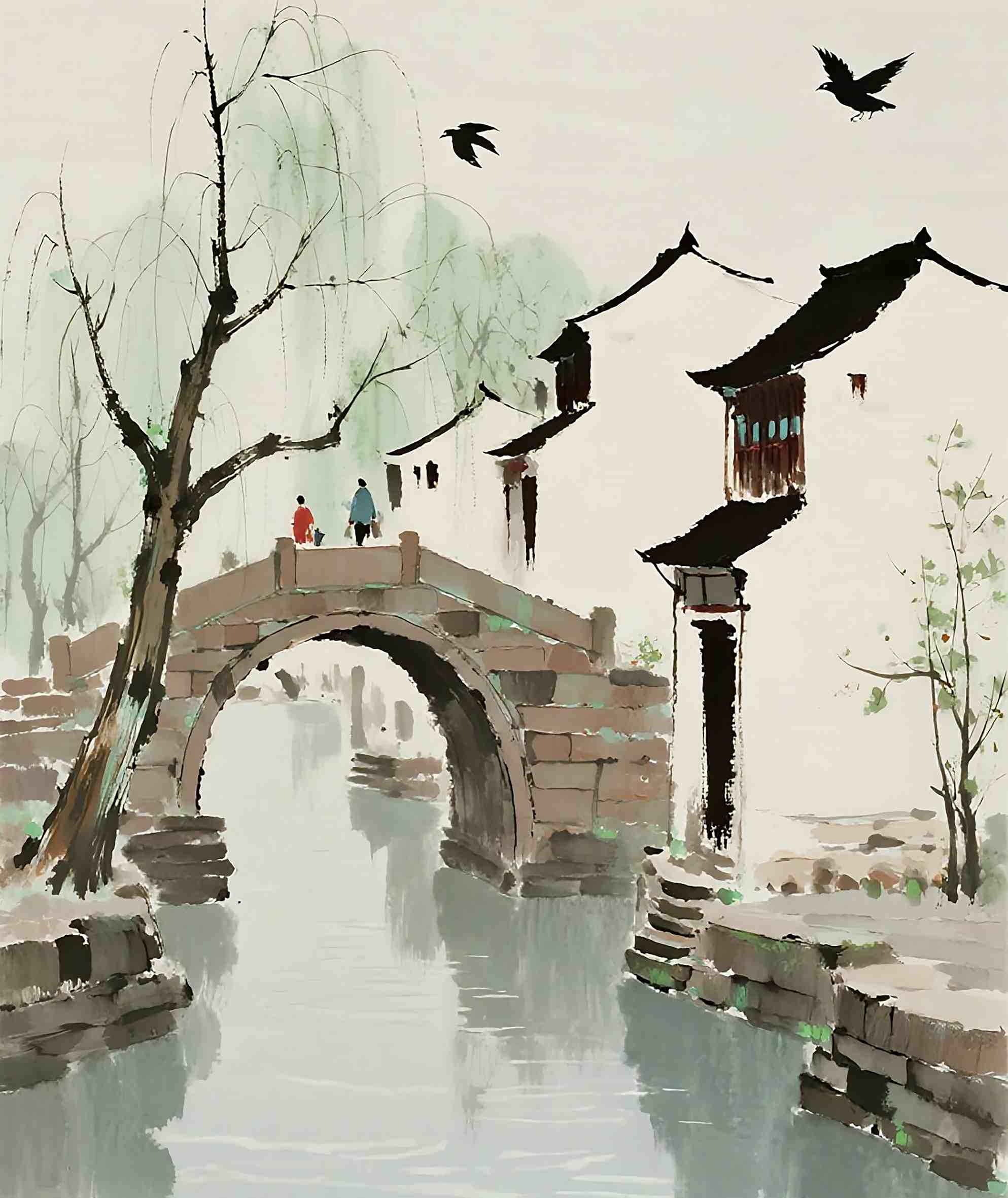 小桥流水人家中式水墨画