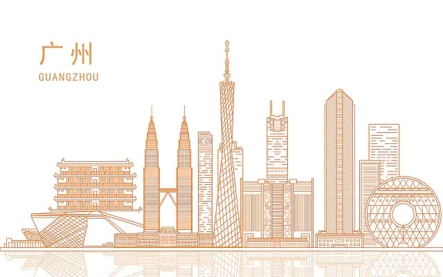 橙金色广州城市地标建筑元素手绘简笔画背景ai城市建筑广州AI