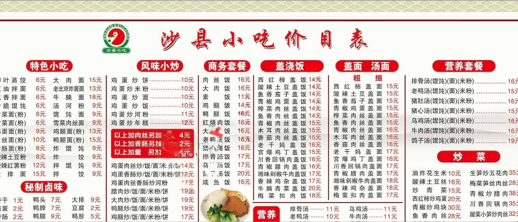 沙县小吃价目表菜单菜谱价格表