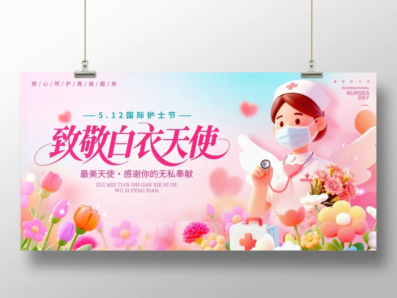 渐变色3D风格致敬白衣天使护士节宣传展板护士节展板512护士节