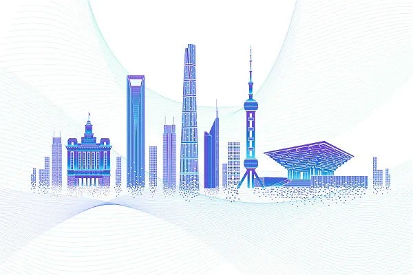 扁平简约蓝紫色渐变科技像素上海地标城市建筑剪影矢量插画AI