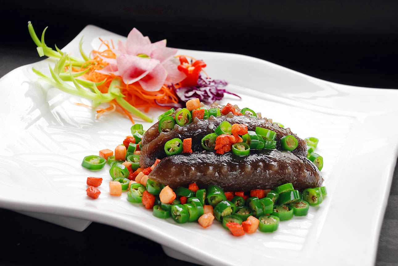 餐饮美食总 厨 推 荐-长兴肉碎炒辽参宣传图片灯箱