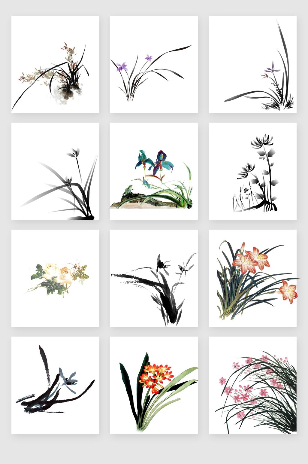 水墨画墨花素材psd彩色