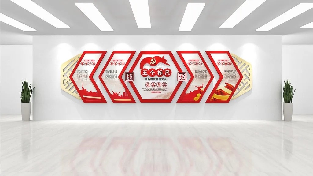 红色信念坚定中式党员五个标尺党建文化墙