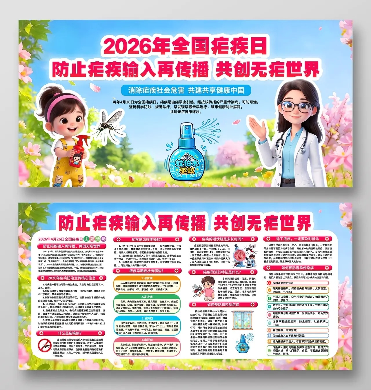 蓝色清新3D潮流卡通26年全国疟疾日知识科普宣传栏展板