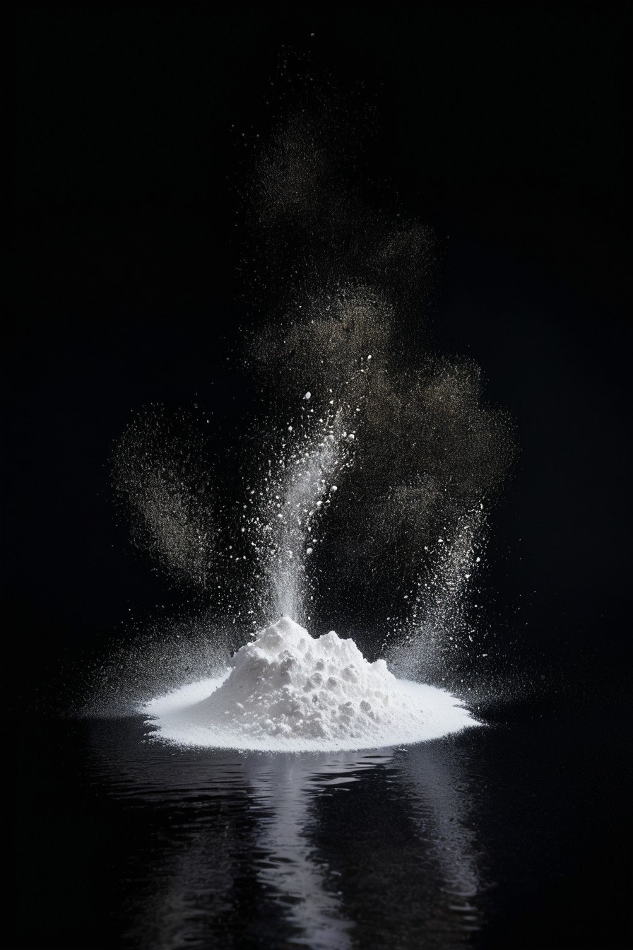 舞团白色粉末颗粒黑色背景上反射水面上图片