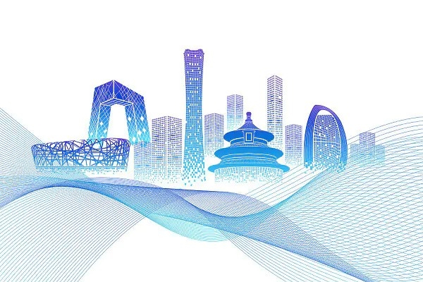 扁平简约蓝紫色渐变科技像素风粒子北京城市地标背景AI