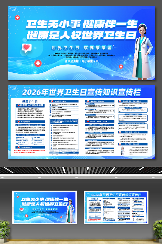 蓝色4月7日世界卫生日医疗宣传展板