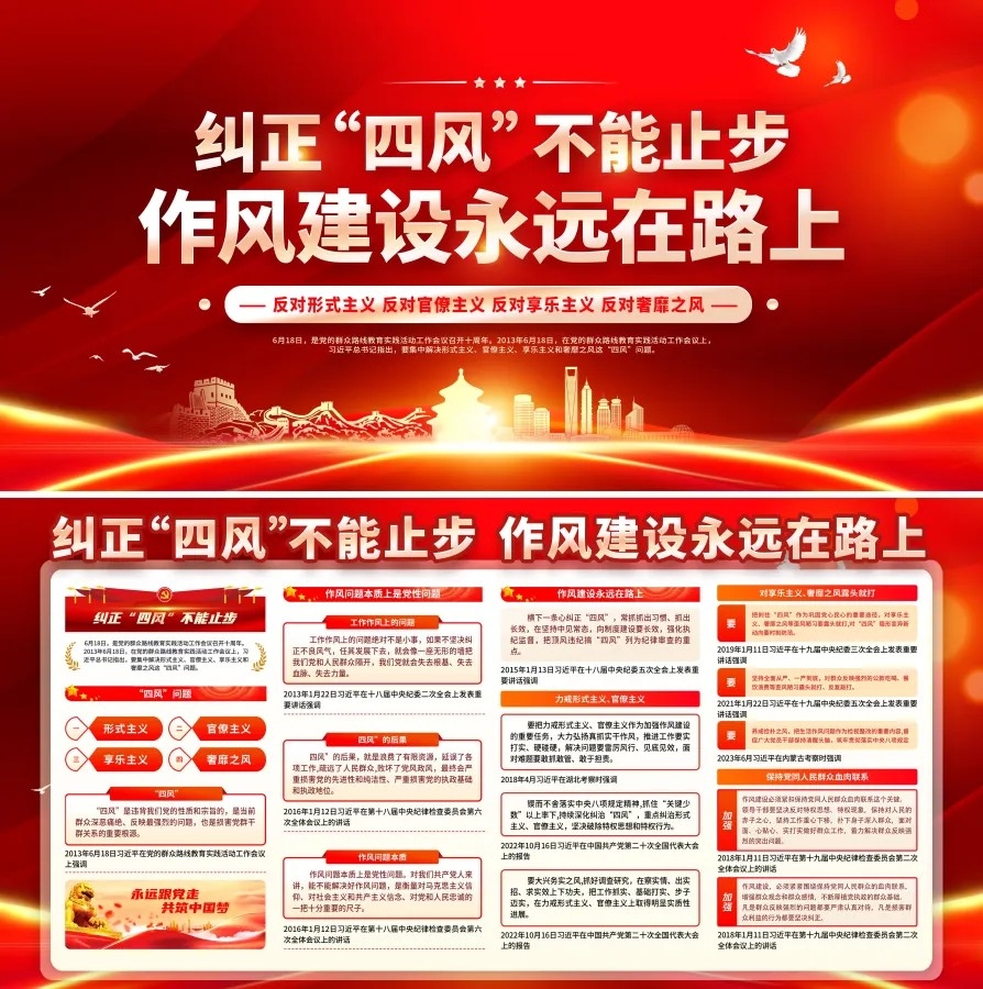 红色大气纠正四风不能止步作风建设党建展板