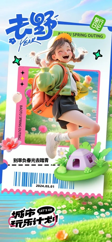 五一劳动节出游新媒体手机H5全屏海报