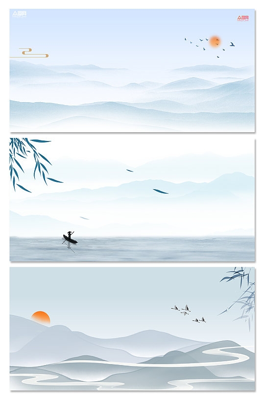 中国风水墨山水画海报素材背景PNG