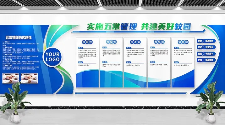 蓝色学校食堂五常管理酒店五常法企业文化墙