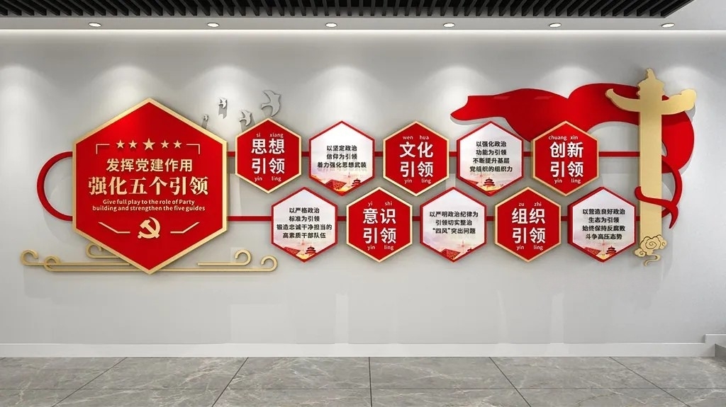 红色简约强化五个引领党建原创文化墙