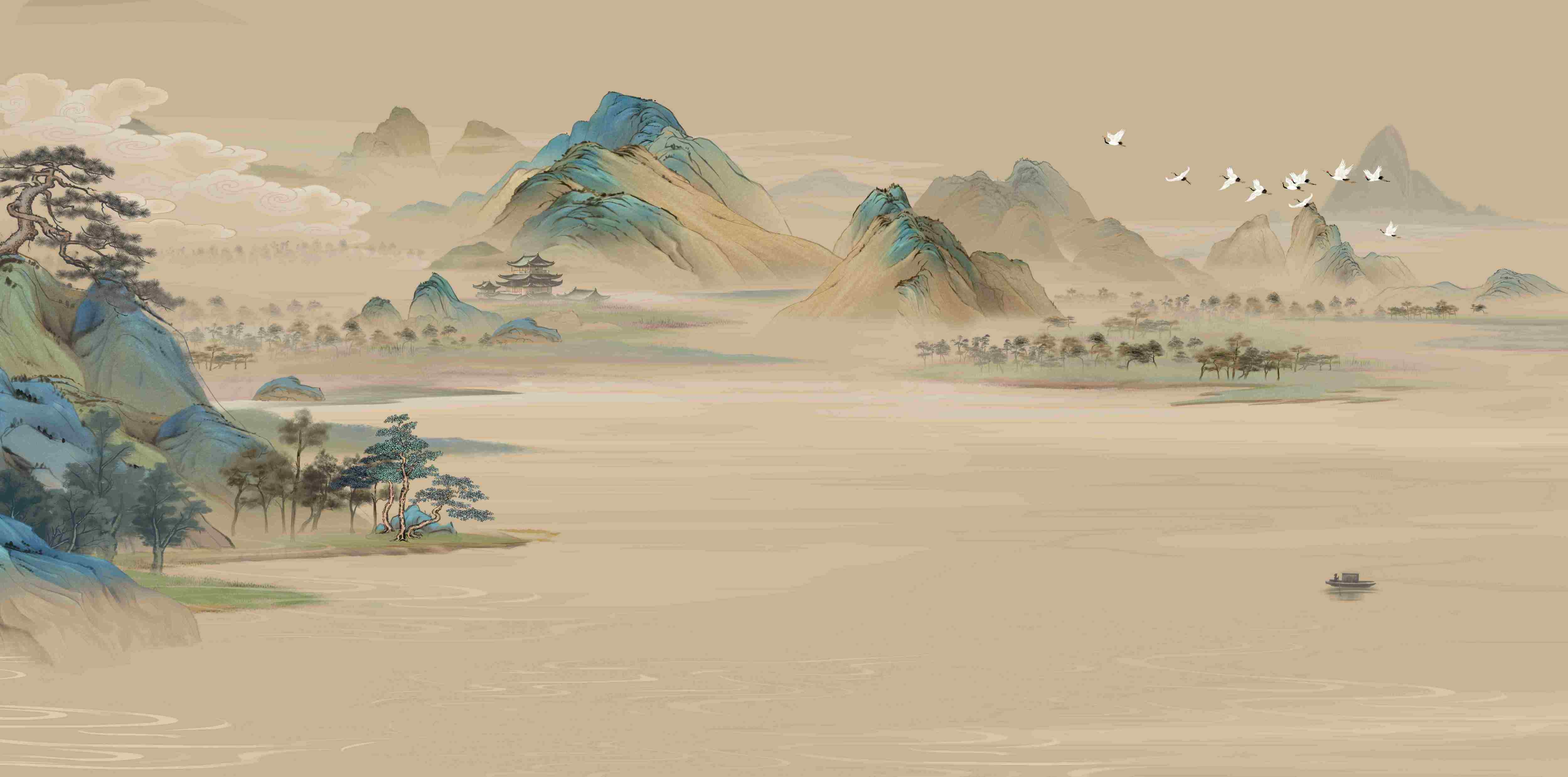 中式写意山水风景图PSD背景图素材模板