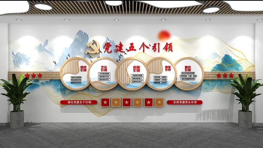 中国风山水党建五个引领原创文化墙