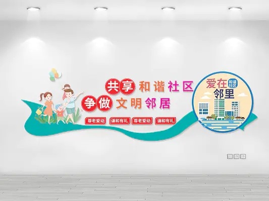 蓝色卡通风格简洁创意共享和谐社区争做文明邻居社区邻里和谐文化墙AI