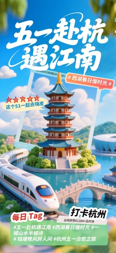 杭州西湖51五一劳动节旅游出游出游季海报