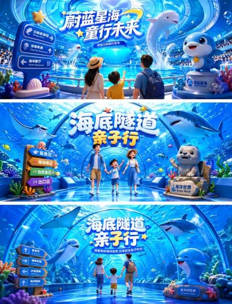 旅游海洋馆水族馆海洋世界海底隧道亲子游游玩海报展板白鲸行