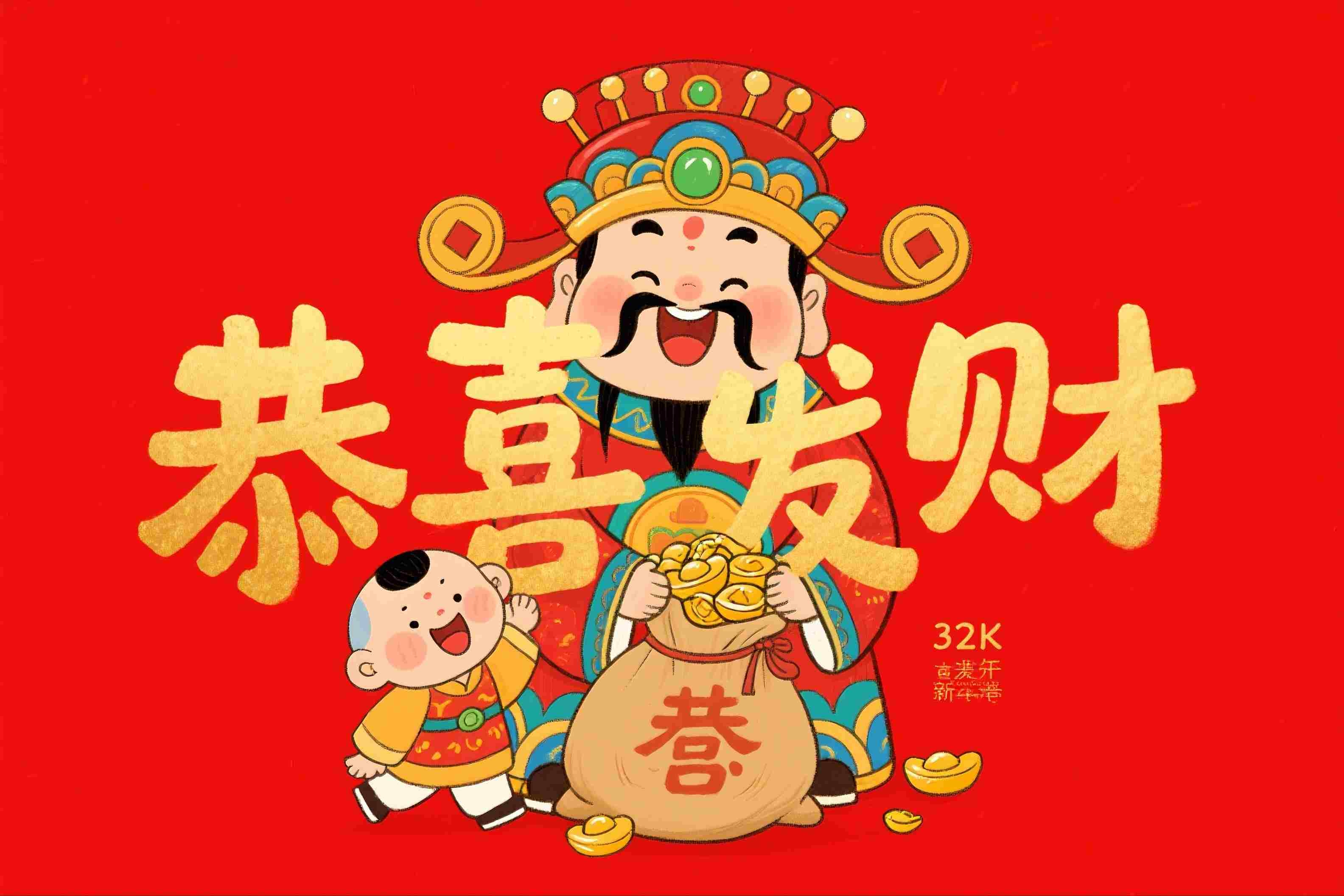 毛笔字發財恭喜发财新年财神爷插画JPG